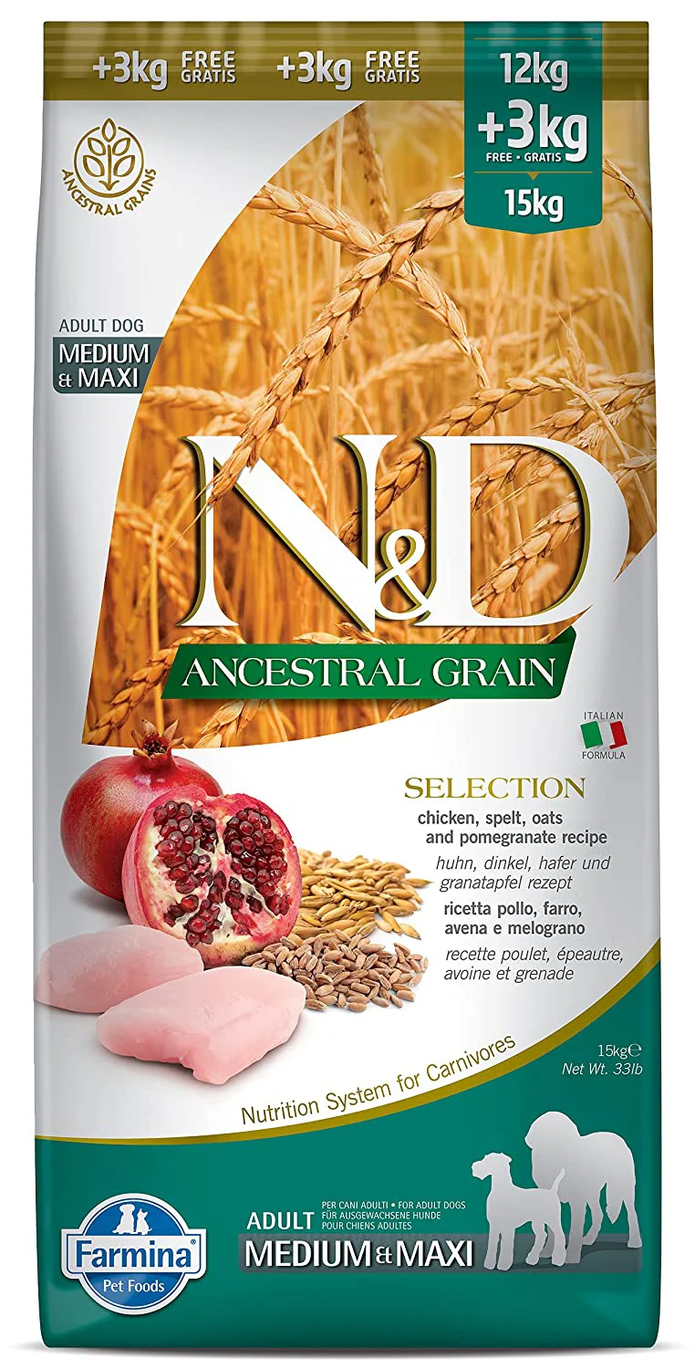 Farmina N&D Ancestral Grain Selection Chicken Spelt Oats And Pomegranate Medium And Maxi Adult Dog Dry Food 12Kg + 3Kg Free Gratis