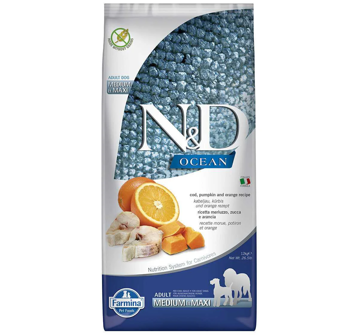 Farmina Natural & Delicious Pumpkin Formula Ocean, Cod, Orange Grain-Free Medium & Maxi Adult