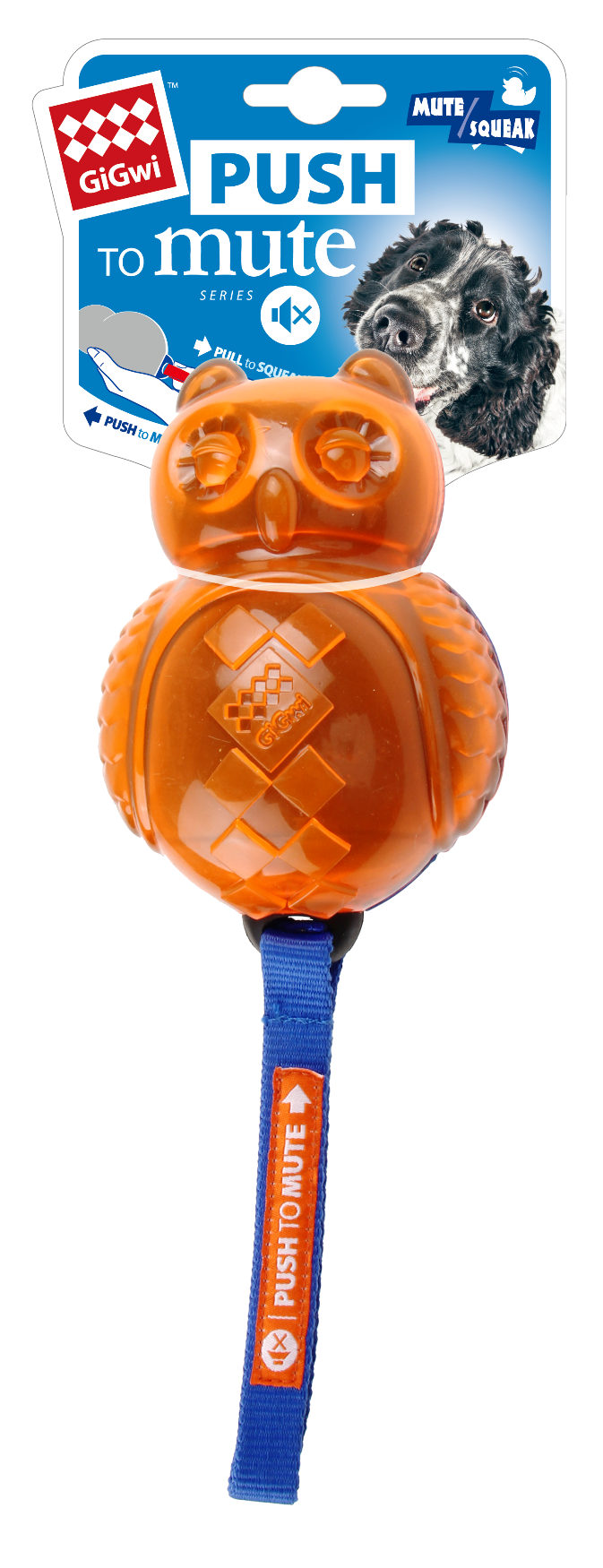 Gigwi Push To Mute Owl Solid Dog Toy Orange/Blue