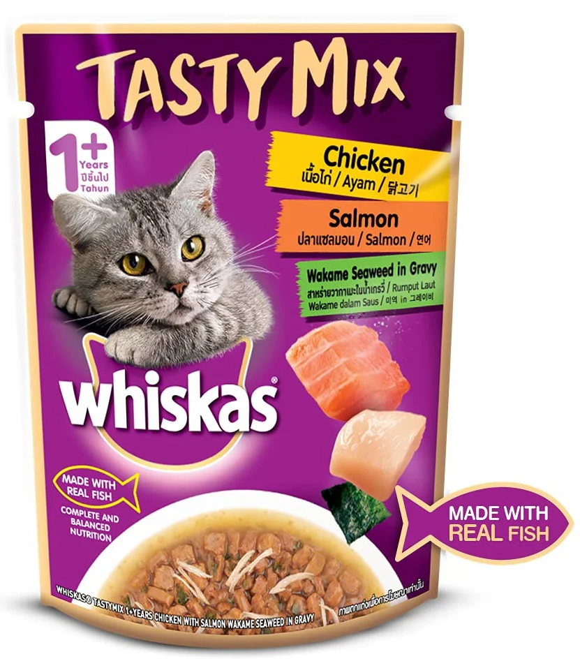 Whiskas Tasty Mix With Chicken Salmon and Wakame Seaweed In Gravy (Pouch)